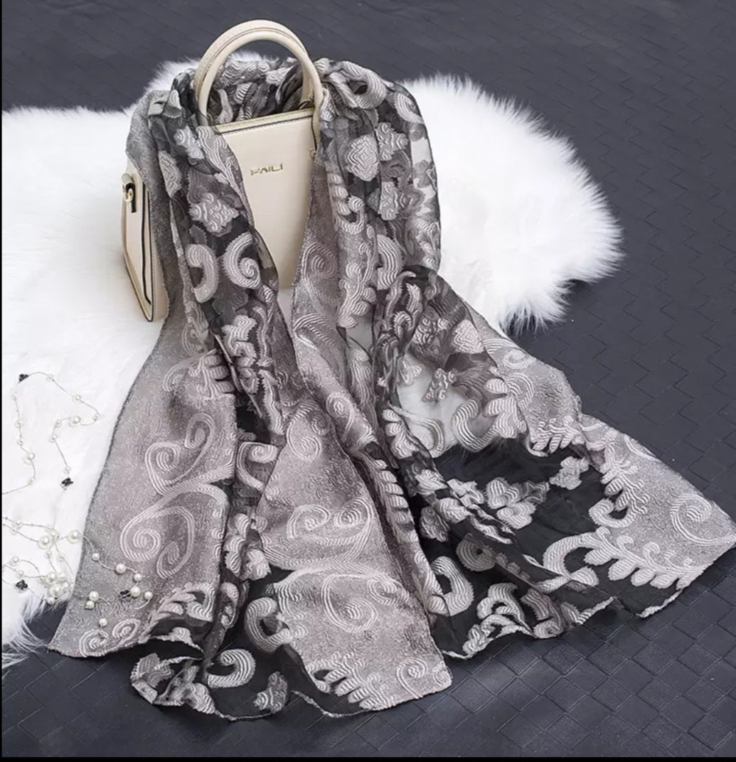 Floral embroidered silk Scarf/long shawl organza