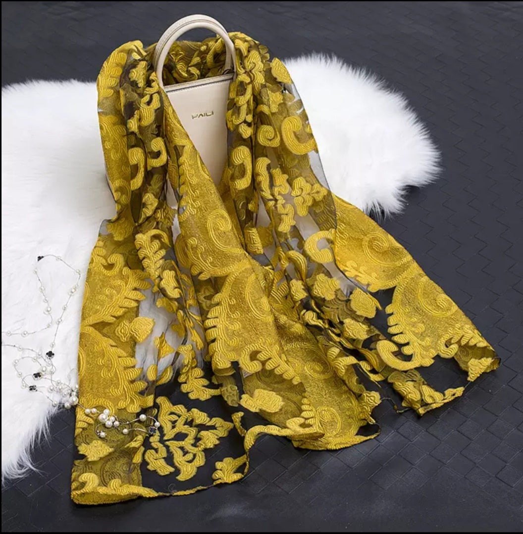 Floral embroidered silk Scarf/long shawl organza