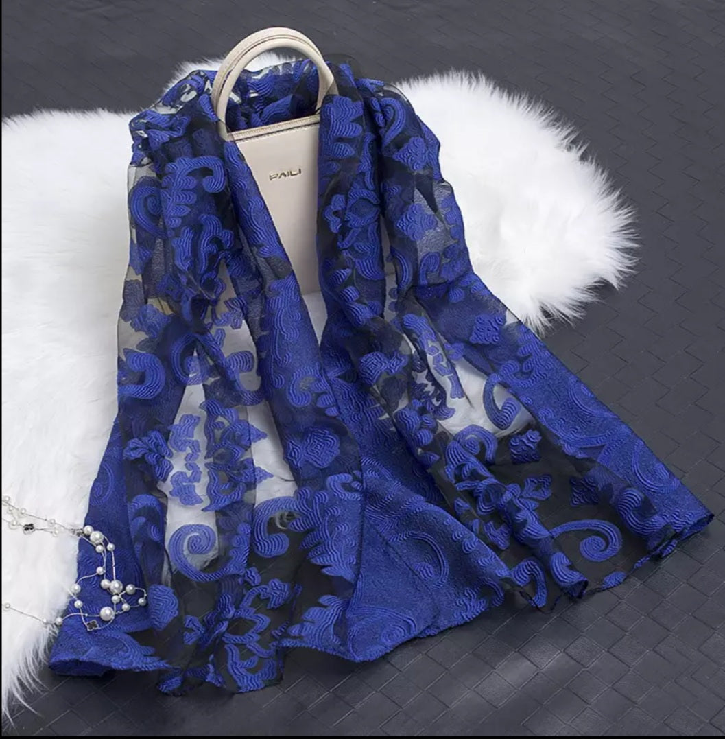 Floral embroidered silk Scarf/long shawl organza