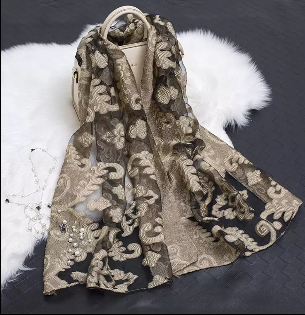 Floral embroidered silk Scarf/long shawl organza